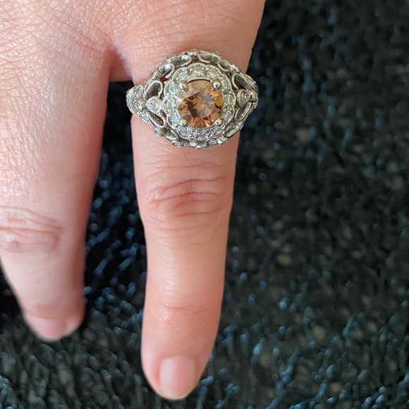 18K White Gold Orange-Brown Diamond Filigree Engagement Ring - Picture 6 of 6
